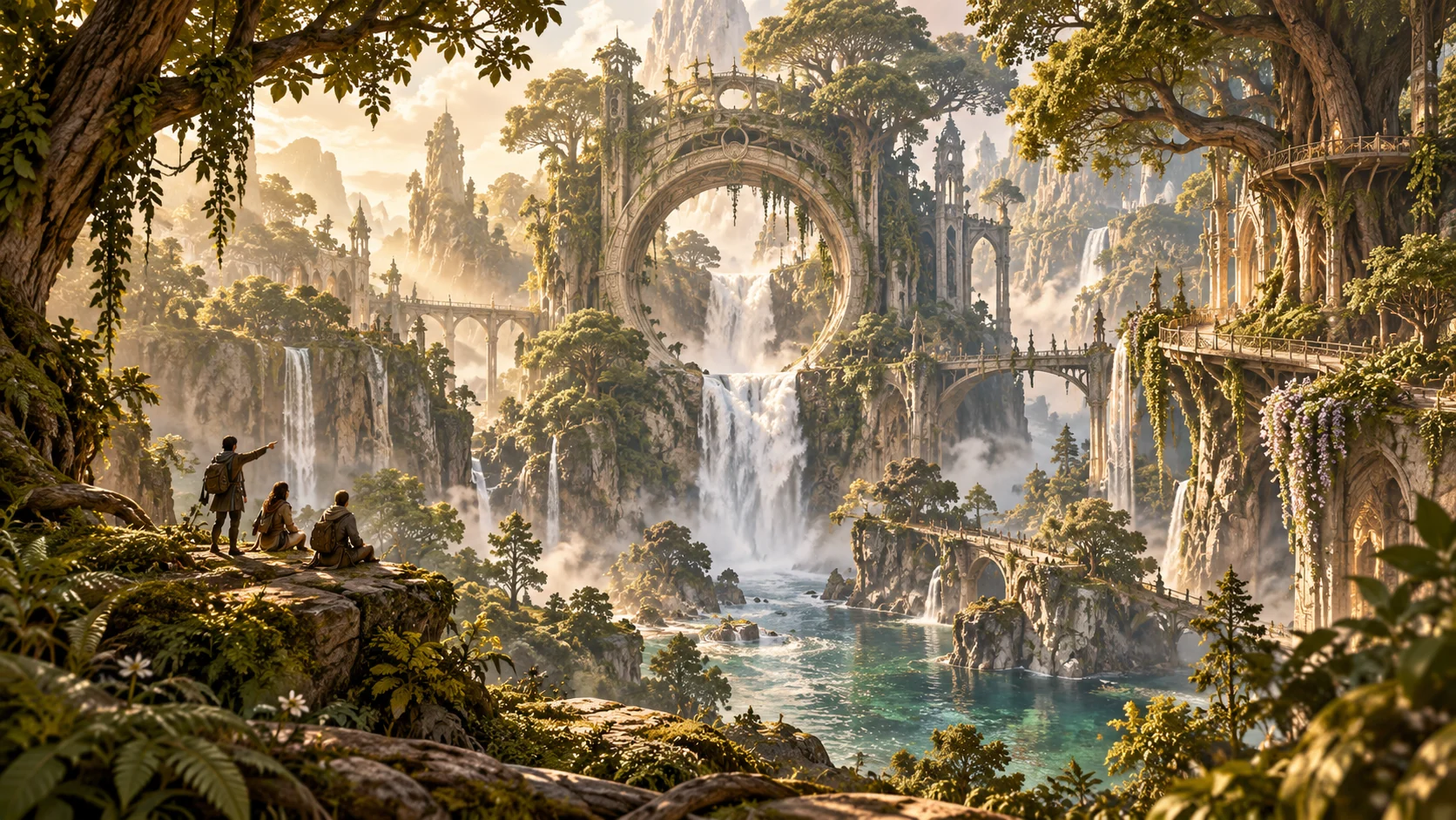Towering trees, soft light and a winding path through an enchanted wilderness
